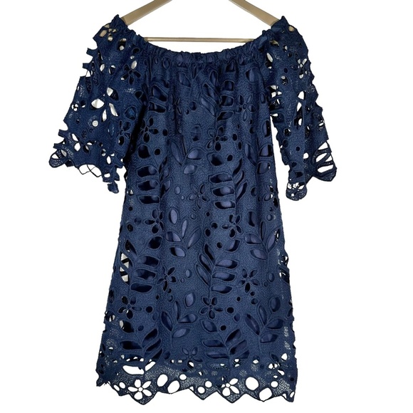 Pretty Garden Navy Blue Lace Off-Shoulder Floral Mini Dress - Small - Picture 4 of 7
